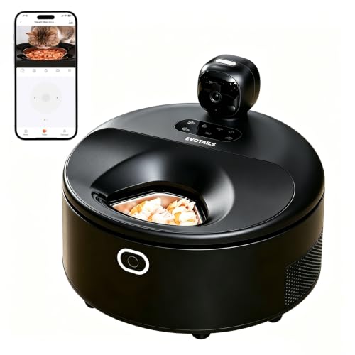 EVOTAILS Wet Food Automatic Cat Feeder with Camera Semiconductor Cooling & Heating with Stainless Steel Bowl APP Control with Camera & Meal Call 5 Fresh Meals Pet Food Dispenser (Black)