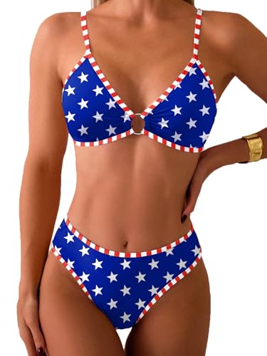 Image of Fanuerg Women's Triangle Bikini Sets O Ring Linked Two Piece Swimsuits Floral Printed Cheeky Bathing Suit