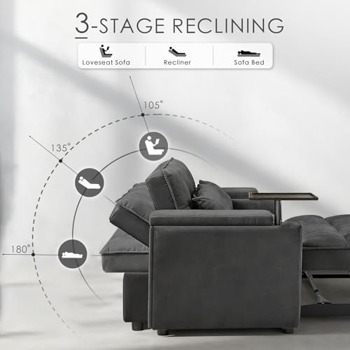 Image of Dreamzie 65'' 3 in 1 Convertible Sleeper Sofa Bed, Chenille Pull Out Couch for Living Room with 90 Swivel Side Table, Loveseat Sleeper with Charging Port | Side Pocket | Cup Holders, Grey