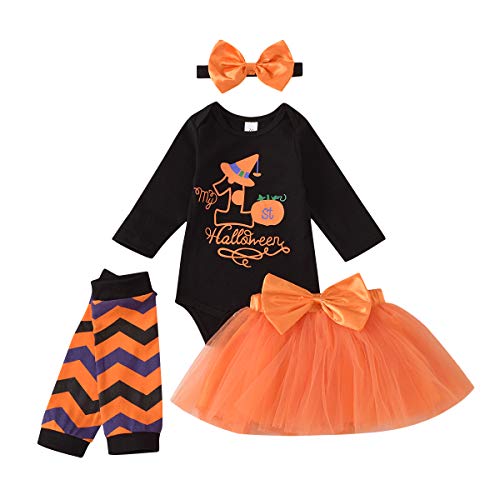 Newborn Baby Girl Halloween Outfit Letter Print Romper+Bow Tutu Tulle Skirt+Headband+Striped Leg Warmer 4Pcs Clothes Set (Black Orange-Hat, 12-18 Months)