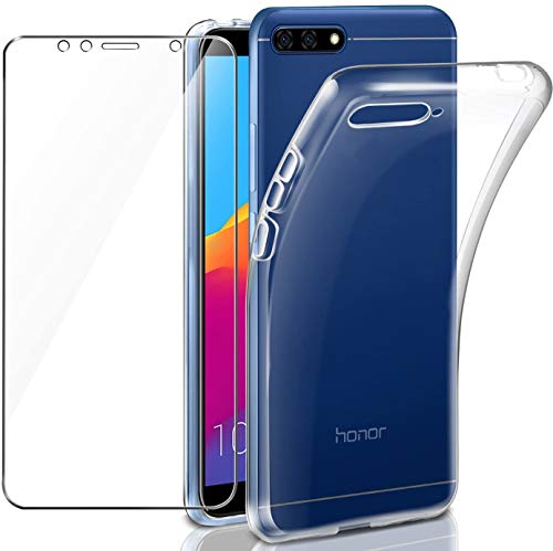 COMPATIBILE per HUAWEI Y6 (2018) schermo 5.7 ATU-L11 ATU-L21 ATU-L22 ATU-LX3 Custodia COVER case GEL silicone TPU morbida + PELLICOLA vetro TEMPERATO antiurto antigraffio (Trasparente)