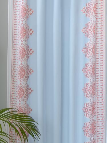 Image of Tranquebar Curtain Co. Cotton Curtains 7 Feet Long Set of 2,60-65% Room Darkening,Blue-Coral Floral Print,Door Curtains 7 Feet Set of 2,Door Curtains 7 Feet Set of 2,BackTabs, Zia (213 cm) - Set of 2