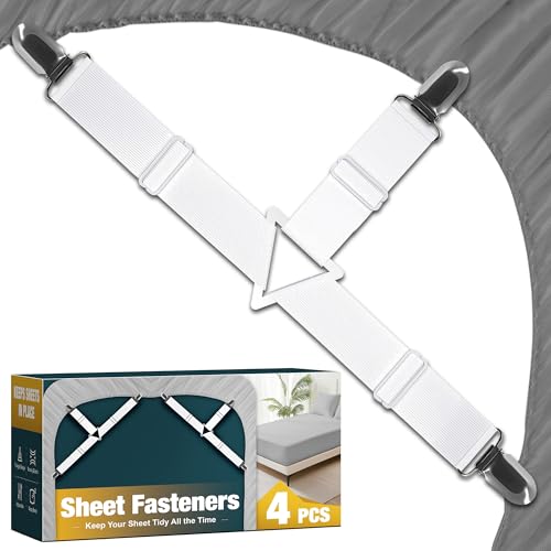 WHISPERING WONDER 4 Pack Adjustable Elastic Straps with Metal Clips Bed Sheet Fasteners Bedding Suspenders for Mattress Covers Bed Corner Holders and Keepers (White)
