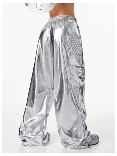 SHENHE Women's Y2k Metallic Cargo Pants Wide Leg Baggy Hip Hop Dance Rave Joggers Trousers3