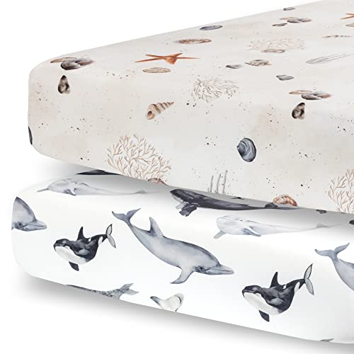 Image of Pobibaby - 2 Pack Premium Fitted Baby Boy Crib Sheets for Standard Crib Mattress - Ultra-Soft Jersey Knit, Safe and Snug, and Stylish Ocean Crib Sheet (Seaside)