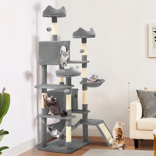YITAHOME Árbol Alto para Gatos, Torre para Gatos de Varios Niveles de 190CM con Postes Rascadores de Sisal y Rampa, Perchas de Felpa, Hamaca, Condominios, Centro de Actividades para Gatos, Gris