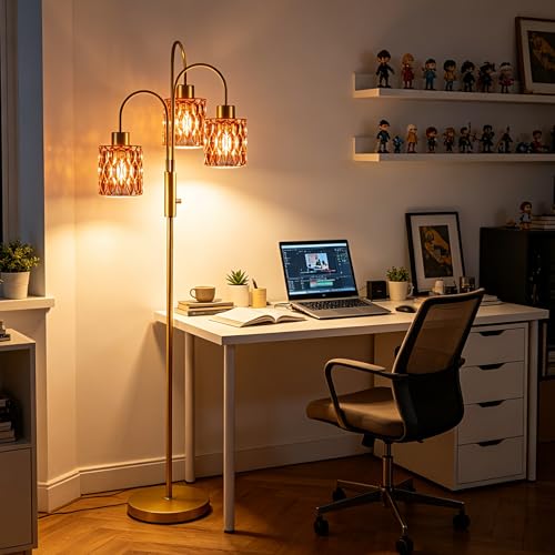 Image of 70 inch Glass Floor Lamp, 3-Light Gold Dimmable Standing Tall Lamp with Deep Red Glass Shades &3PCS 3000K Warm White Bulbs for Wedding /Party, Modern Tree Pole Lamp for Living Room Bedroom Home Decor