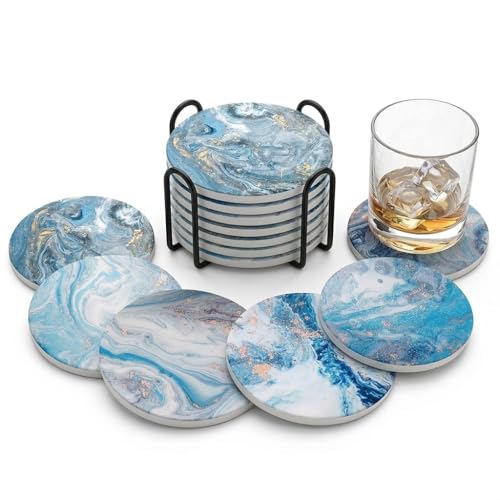 Lot de 6 Dessous de Verre Céramique Bleu Océan, sous-Verres Ronds Marbrés pour Verre, Mug, Café et Thé, Accessoire Déco pour Table, Cuisine et Salon