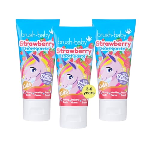 Brush-Baby - Natural Strawberry Kids Toothpaste, 3 x 50ml Tubes - for Ages 3+ - with Xylitol & Fluoride - Strong Teeth, Healthy Gums & Fresh Breath - Gentle Vegan Formula, Safe if Swallowed