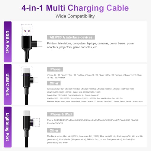 Image of Verilux 4-in-1 Type C Cable 6.6Ft /2M, PD 66W Type C Cable Fast Charging with 480Mbps Data Speed, Nylon Braid USB-A & USB-C to Lighting & USB-C for iPhone17 /16 /15, Galaxy S26 /S25 /S24