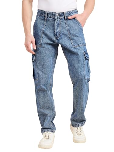 Image of STUDIO NEXX Men's Loose Fit Cargo Jeans | Non Stretchable | Cargo Denim for Men | Loose fit Cargos | Utility Pockets