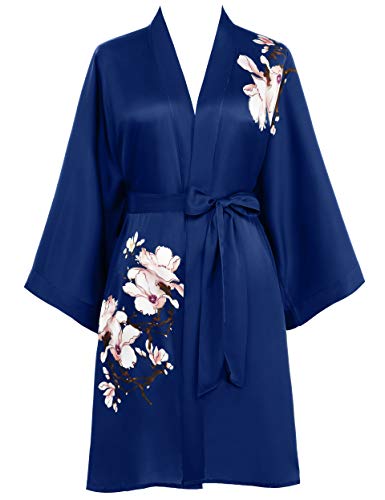 Prodesign Damen Morgenmantel Kurz Kimono Kapok Muster Bademantel Satin Robe Sommer Nachtwäsche Damen Strandkleid Girl Pajama Party (Navyblau) Cover
