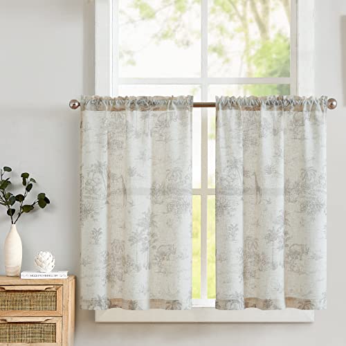 TOPICK Visillo de lino con diseño de inodoro de Jouy opaco, estilo rústico, cortina de privacidad para ventanas pequeñas, ventanas, cocina, baño, salón, 65x90 cm, gris sobre beige Cover