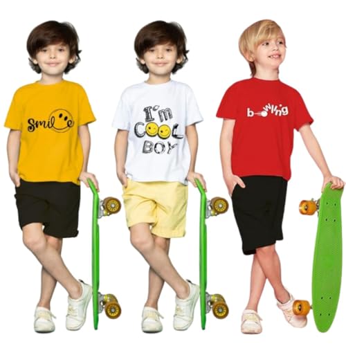 Image of Yazh Texworld Boys Round Neck Blended Cotton T-Shirts | Regular Fit | Half Sleeve | Casual Wear | Trendy | Combo Pack of 3 | Multicolor | Soft, Durable, and Stylish for Everyday use