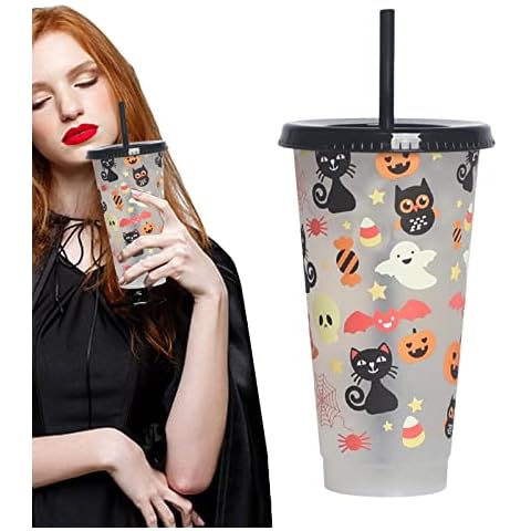 Gesuter Halloween Color Changing Cups | 710ml Reusable PP Halloween Party Cups Cartoon Patterned,Halloween Tumblers with Lids and Straws Party Supplies for Outdoor Indoor Activities Cover