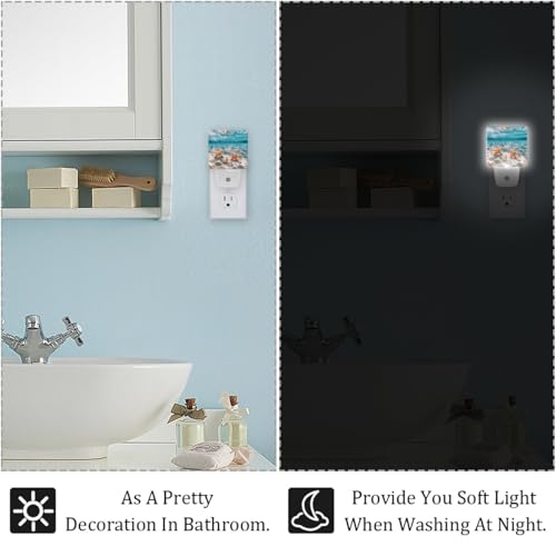 Image of NEWzone Ocean Seashells Starfishjpg Night Light Set of 2, Auto Sensor LED Dusk-to-Dawn Nightlights, Plug-in Sensor Lamp for Bedroom Bathroom Kitchen Hallway Stairs Decorative