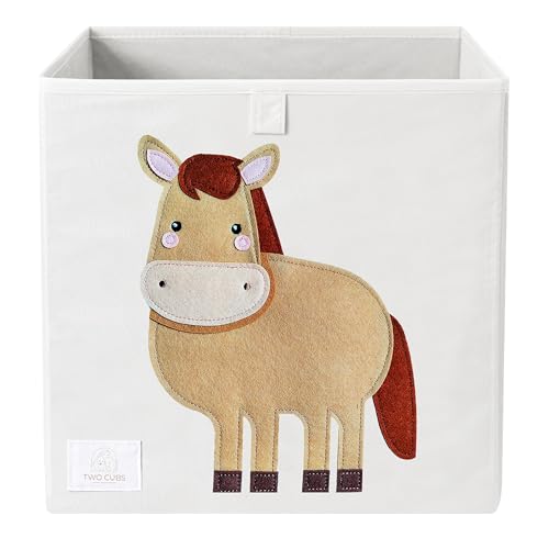 Image of Two Cubs Storage Box - Kids Toys Organizer (13"x13"x13"), White, Foldable Toy Storage Bin, Nursery Storage Basket, Cube Organizer for Ikea Kallax Shelves, Durable, Collapsible, Farm Animal - Horse
