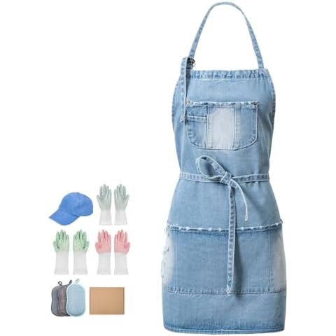 Jowcud Denim Apron With 5 Pockets for Cooking Kitchens,Hairstylist Aprons for Women Men,Adjustable Bib Jean Apron for Arts Gardening Cafes Bars Work Cover
