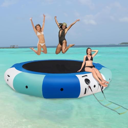 COOLWAVE 12FT Inflatable Water Trampoline for Lake, Floating Lake Trampoline for Adults, with 650W Electric Air Pump, 4-Step Rope Ladder and Mooring Ropes, Inflatable Water Bouncer (12FT)