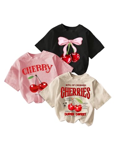 Girl's 3 Packs Star Butterfly Graphic Tees Crew Neck Short Sleeve T Shirt Casual Tops