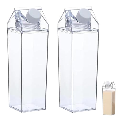 Cartón de Leche Transparente, Caja de Cartón de Leche Cuadrada Transparente de 1000 ml, Caja de Leche de Plástico Portátil, Botella de Agua Transparente de 2 Piezas, Adecuada para Picnic