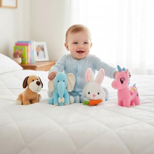 Image of Pack of 4 Soft Toys Combo Blue Appu, Unicorn, White Rabbit, Setting Dog Cute Kids Baby Boys /Girls Animal Stuffed Plush Toy.