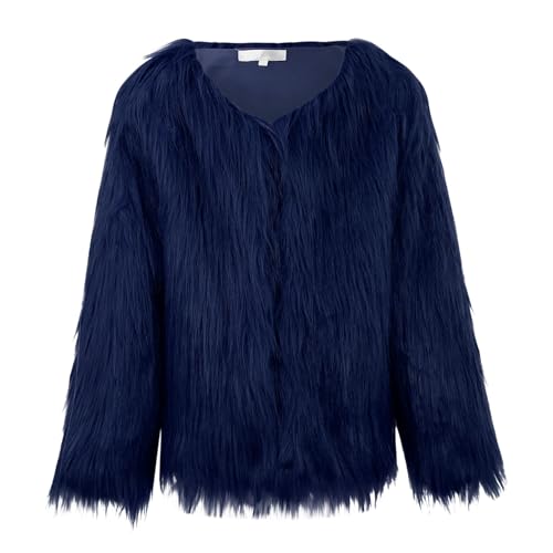 Girls Winter Faux Furry Coats Toddler Baby Windproof Fleece Shaggy Jacket Kids Long Sleeve Thick (Dark Blue, 5 Years)