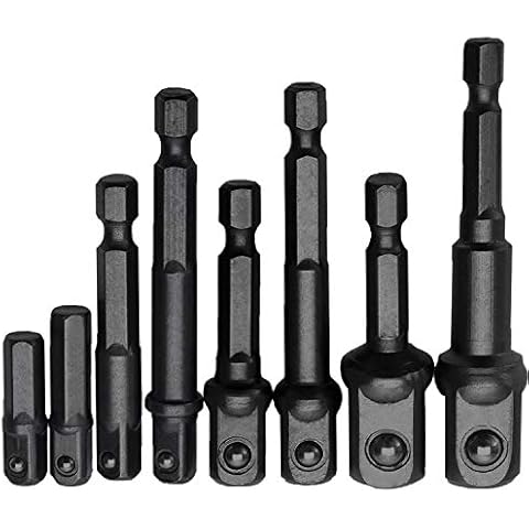 JONMON Impact Socket Adapter Set - 1/4 Inch Quick Change Hex Shank Extension Square Driver Drill Bit to Drive 1/4" 3/8" 1/2" Adapters Power Hand Tools for Cordless Drill CR-V Nut Driver, 8Pcs Cover