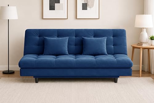 Image of Modern Convertible Three-Seater Futon Sofa Bed with Tufted Sleeper Couch Sofa with Adjustable Backrest- Living Room Furniture-Blue