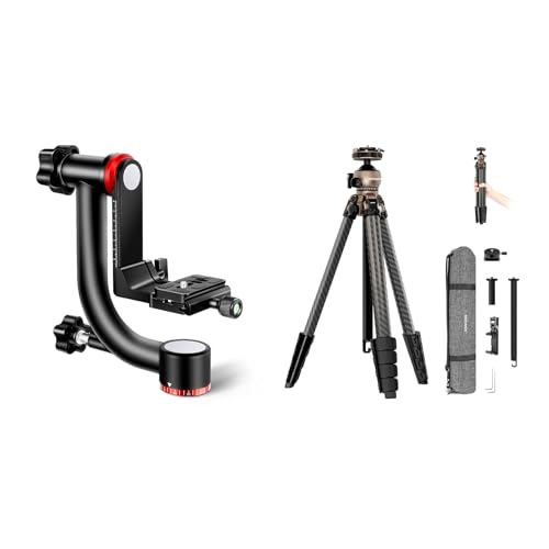 Image of NEEWER GM101 Gimbal Tripod Head Professional Heavy Duty Aluminum Alloy with Arca Type Quick Release Plate, Smoother 360° Panoramic Shooting for DSLR Camera, LITETRIP LT35 61" Travel Tripod Included