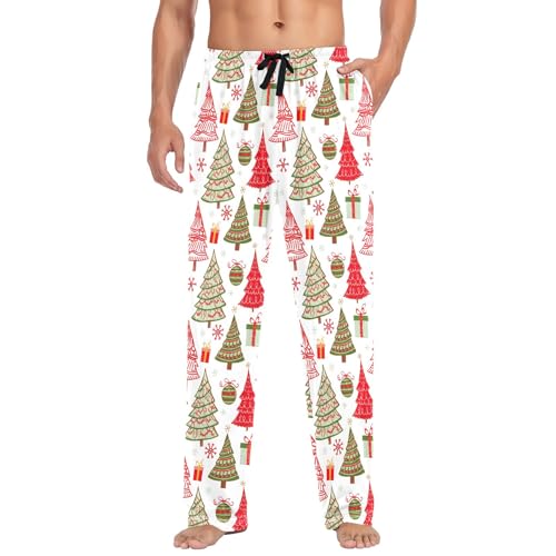 Men's Cotton Pajama Pants Sleep Pants with Pockets Comfy Pajama Bottoms, Vintage Christmas Trees White