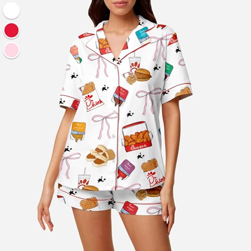 Chick-Fil Chicken Nuggets Satin Pajama Set – Coquette Style Sleepwear for Her,Cute Loungewear Gift for4