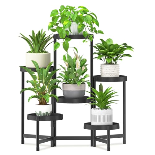 iDavosic.ly 6 Tier Folding Plant Stand Indoor Outdoor, Plastic Tray, Black