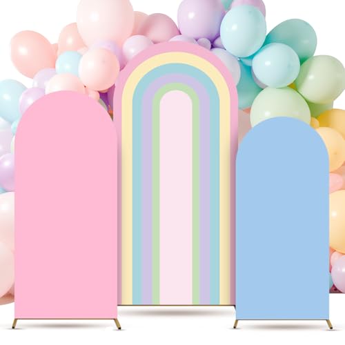 3 Pcs Spring Rainbow Arch Backdrop Stand Covers 4ft 5ft 6ft Pastel Rainbow Arch Cover Spandex Fitted Macaroon Background for Groovy Party Boho Birthday Baby Shower Wedding Decor (Pink and Blue)