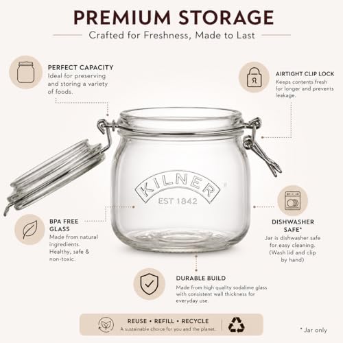 Image of Kilner Premium 500ml Round Airtight Glass Jar with Clip Top Lid for Pickles, Jams, Chutneys, Yougurt | Transparent, Reusable Multipurpose Kitchen Storage Container