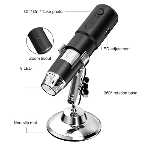 Bezprzewodowy Mikroskop Cyfrowy, Mini Mikroskop Ręczny Połączenie WiFi USB Mikroskop z Powiększeniem 50X do 1000X ze Stojakiem, 8 Diod LED Regulowana jasność, do Telefonów