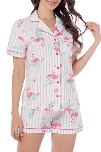Image of LUBOT 100% Cotton Pajamas for Women 2 Piece PJ Set Button-Down Soft Knit Short Sleeve Summer Sleepwear Loungewear XS-XXL