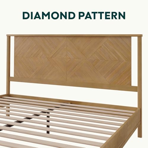 Image of Bme Ethan King Size Bed Frame with Diamond Headboard, Rustic Mid Modern, Solid Acacia Wood, No Box Spring Needed, Slat Support, Rustic Seadrift