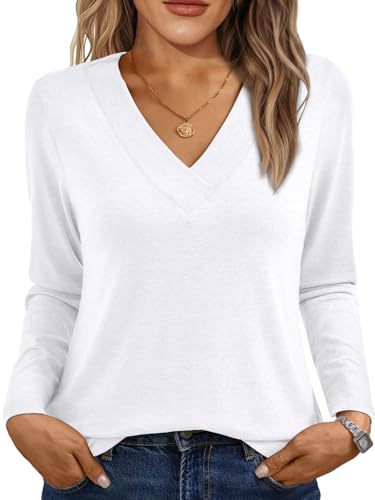 AUTOMET White Top Long Sleeve Shirts for Women Spring Outfits 2026 T Shirts V Neck Casual Top Comfortable Shirt Soft Basic Tees Women Blouses White M