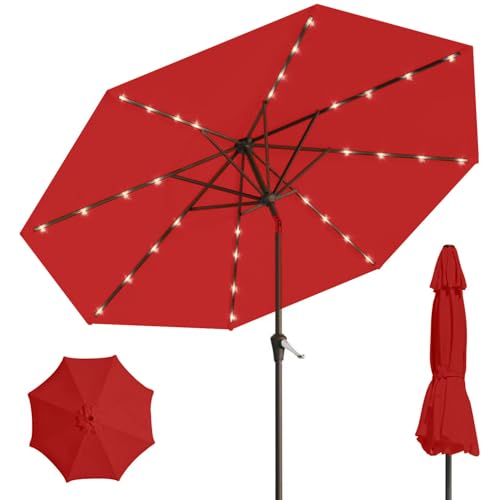Image of 9' Solar LED Patio Umbrella with Tilt & Crank|8 Sturdy Ribs,UV Protection,Outdoor Market Table Umbrella for Deck,Lawn,Pool,Backyard (Red)