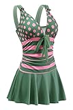 AONTUS Women’s Ruched Monokini One Piece Swimsuit Tummy Control Skirted with Quick-Dry V-Neck UV Protection 8-10