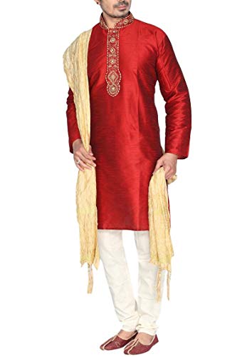 Krishna Sarees MKP9010 Rosso e Oro Uomo Kurta Pyjama Indian Suit Bollywood Sherwani (Chest 48 Inches)