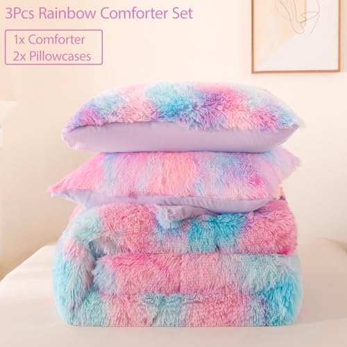 Image of King Size Fluffy Bedding Set Pink Purple Faux Fur Plush Comforter Set Rainbow Tie Dye Furry Warm Bed Quilt Set, 3 Pieces (Pink Purple, King)