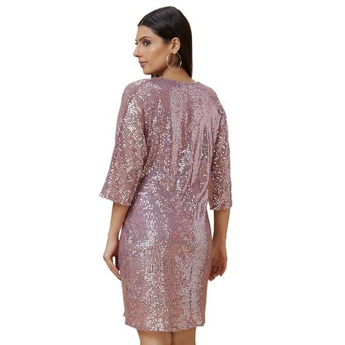Image of Globus Women Pink Embellished V-Neck Midi Bodycon Dress with Twist Waist Detail-3639396001
