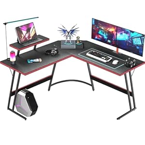 L Shaped Gaming Desk, 51 Inch Computer Corner Table with Large Monitor Stand & Carbon Fiber Surface for Home Office Study Writing Workstation, Black