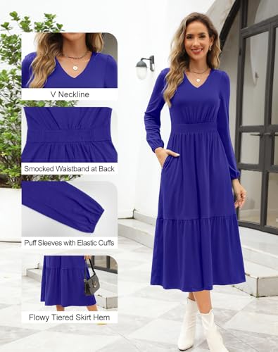 Image of Kranda Women 2025 Fall Puff Long Sleeve V Neck Causal Flowy Pleated Ruffle Tiered Midi Dress with Pockets