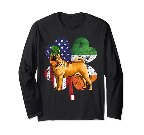 St Patricks Day Irish American Flag Chinese Shar-Pei Dog Long Sleeve T-Shirt, Black