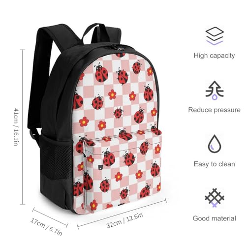 Lightweight Packable Rucksack for Travel & Emergency Kit, Durable Water-Resistant Foldable Backpack for Men & Women, Compact Storage, Cute Pink Plaid Red Ladybug Bookbag2