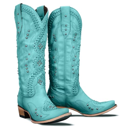 Yolkomo Knee High Cowboy Boots for Women Turquoise Green Cowgirl Boots Square Toe Western Embroidered Pull-On Leather Chunky Block Low Heel Turquoise Booties Size 9