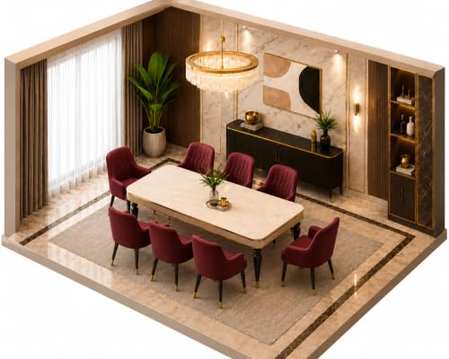 Image of 8 Seater Dining Table Set with Nano Composite Marble Top, Solid Wood Base & 8 Upholstered Chairs, Modern Dining Table Set for Home & Dining Room Furniture